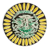 Visage tourmenté (Ramié 360) by Pablo Picasso, 1956, White earthenware clay round dish, decoration in engobes under partial brushed glaze, patina, marked '91/100', incised ', sold May 2025