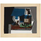 Nature morte à la bouteille de vin et aux raisins by Pablo Picasso, c. 1922, Pochoir in colors on cream wove paper, sold May 2025