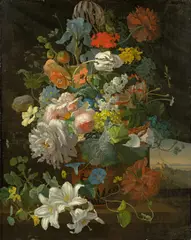 Gottlob Michael Wentzel, Blumenstilleben mit Ausblick auf Castel Gandolfo, 1832, Öl auf Leinwand, auf Pappe aufgezogen