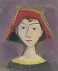 Karl Hofer, Mädchenkopf mit roter Kappe, 1947, Öl auf Hartfaser