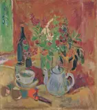 Oskar Moll, Stilleben mit Blumenstrauß, Kanne und Pfeife, 1922, Öl auf dünnem Karton, auf Pappe aufgezogen