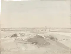 Jakob Philipp Hackert, Blick auf den Turm „Torre di Mezzavia di Albano” und die römische Campagna, Feder in Braun über Bleistift, Aquarell in Grau, Rosa und Blau