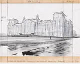 Christo, WRAPPED REICHSTAG (project for Der Deutsche Reichstag-Berlin), 1978, Deckweiß, Kugelschreiber und Bleistift über Fotografie auf Karton, auf Keilrahmen montiert und im originalen Acrylglasrahmen