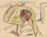 Karl Schmidt-Rottluff, Sitzender Akt über eine Schüssel gebeugt, 1913, Aquarell und Kreide auf Papier