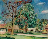 Hans Purrmann, Bauernhäuser mit blühender Kastanie, 1931, Öl auf Leinwand