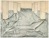 Christo, Wrapped Floor (Project for Chicago), 1968, Collage mit Gouache und Kreide auf Stoff, Bindfaden und Heftklammern unter Acrylglashaube