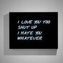 David Drebin, I Love You Too (I Hate You Whatever), 2015, neon light installation in smoked acrylic box