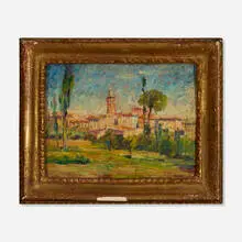 Max Kuehne, Provençal Village Scene with Bell Tower, c. 1919, oil on panel in artist-made frame