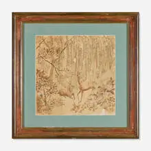 Max Kuehne, Study for a Screen (Fawns and Flowering Trees), graphite and watercolor on paper in artist-made frame