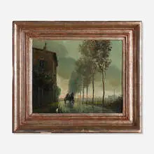 Hal Kuehne, Frame with painting by unknown artist, c. 1980, oil on canvas in silver leaf over gessoed wood frame