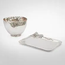 Emilia Castillo, Reticulated tiger bowl and jaguar serving tray, c. 1990, silver-plated copper, malachite
