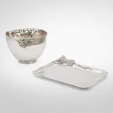 Emilia Castillo, Reticulated tiger bowl and jaguar serving tray, c. 1990, silver-plated copper, malachite