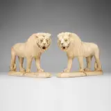 Burmese, Lion figures, set of two, carved and painted alabaster