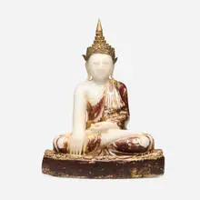 Burmese, Seated figure of Buddha, lacquered and gilt marble, gilt metal, glass