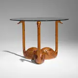 Modern, Swan coffee table, c. 1965, carved pine, glass