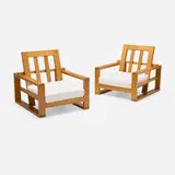 Maison Regain, Lounge armchairs, pair, c. 1965, elm, bouclé upholstery