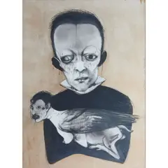 Surrealist Figure Holding Pet by Jonathon Barbieri, 2004, charcoal, pencil, and colored pencil on paper, (approximate dimensions -, offered May 2025