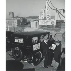 John Guttman, Bay Bridge, Learn All About It! 15 Cent,, 1935, gelatin silver print, (approximate dimensions -