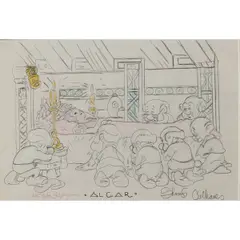 ARTHUR RILEY (American, 1911-1998), and JAMES ALGAR (American, 1912-1998), Snow White and the Seven Dwarfs, Grieving by Shamus Culhane, circa 1939, graphite and colored pencils on studio animation paper, (approximate dimensions -, offered May 2025