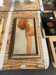 Untitled by Frame, oil on board, topless red head, signed, offered May 2025