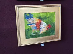 Untitled by Frame, oil on board, rooster, snackin, signed mlc, offered May 2025