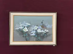 David Lee, California Quail with White Flowers, 1975, watercolor on silk (on canvas), (approximate dimensions - canvas: