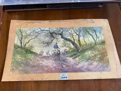 Hugo Melville Fisher, Shepherd and Flock, watercolor on heavy stock paper mounted on board