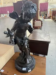 Auguste Moreau, Le Message, (Cherub), bronze on marble base, (approximate dimensions - overall: 28 H x 11 W x 12-3/4 D inches)