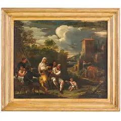 Paesaggio con figure banchettanti e indovina by Theodor Helmbreker, oil on canvas, offered Feb 2024