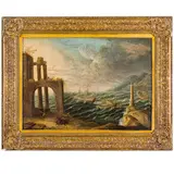 Orazio Grevenbroeck, Veduta costiera con rovine, faro e vascelli, oil on canvas