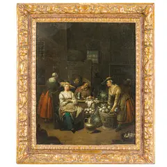 Jan Baptist Lambrechts, Interno con coppia seduta ad un tavolo e altre figure, oil on canvas