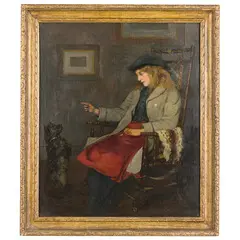 Gran Bretagna, 1869 ; 1910 / Ragazza seduta che gioca con il suo cagnolino / Firmato W Hutcheson in basso a sinistra by Walter Hutcheson, oil on canvas, offered Feb 2024