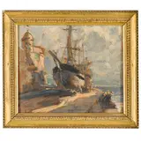 Napoli, 1885 ; Milano, 1948 / Marina con barca in secca con figure / Firmato G Villani in basso a sinistra by Gennaro Villani, oil on tavoletta, offered Feb 2024