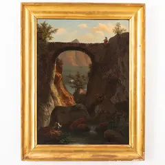 Jean-Baptiste Pillement, Paesaggio con ponte, oil on canvas