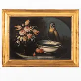 Giuseppe Pesci, Natura morta con fiori e gallina / Natura morta con fiori e pappagallo, oil on canvas