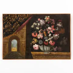 Antonio Gianlisi II, Natura morta con scorcio architettonico, oil on canvas