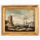 Marina con vascelli e torre by Maestro Delle Montagne Azzurre, oil on canvas applicata on panel, offered Dec 2023