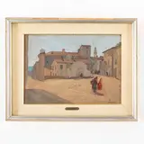 Genova Sampierdarena, 1879 ; 1912 / Scorcio cittadino con figure / Firmato G B Derchi in basso a destra by Giovanni Battista Derchi, oil on cartoncino telato, offered Dec 2023