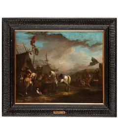 Carel van Falens, Accampamento con sosta di cavalieri, oil on canvas