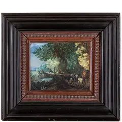 Anton Mirou, Paesaggio boscoso con scena di brigantaggio (1620-1639), oil on copper