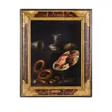 Cristoforo Munari, Tazzine di porcellana cinese, limone, ciambelle, cocomero su un basamento, oil on canvas