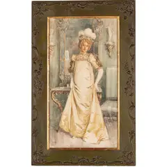 Cesare Saccaggi, Tortona, 1868 - 1934 / Figura femminile in un interno di palazzo / Firmato C Saccaggi in basso a sinistra, Acquarello su carta