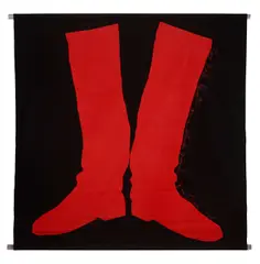Jim Dine, Two Red Boots on a Black Ground, 1965, Collage in felt embroidered with the artist's name, title and date