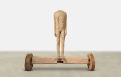 Magdalena Abakanowicz, Figure on Beam with Wheels, 1992, burlap, resin and wood