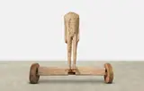 Magdalena Abakanowicz, Figure on Beam with Wheels, 1992, burlap, resin and wood