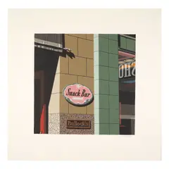 Bullock's Snack Bar by Robert Cottingham, 1973, acrylic on paper, sold May 2025
