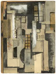 Arnold Topp, Höfe der Mietskasernen, 1920, Collage, Tuschpinsel, Bleistift und Deckweiß auf Papier, auf mit Papier kaschierter Malpappe