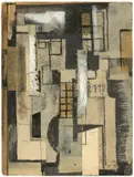 Arnold Topp, Höfe der Mietskasernen, 1920, Collage, Tuschpinsel, Bleistift und Deckweiß auf Papier, auf mit Papier kaschierter Malpappe