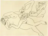 Zwei weibliche Akte mit Skulptur by Ernst Ludwig Kirchner, 1910, Bleistift auf festem Papier, sold Oct 2018