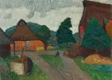 Otto Modersohn, Frühjahrsabendsonne in der Bredenau (Banehrs Hof)“. Um 1920 / Rückseitig: „Fischerhuder Bauernhof mit Brunnen